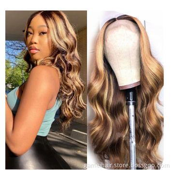 New Design Honey Blonde Highlight Wigs.Color 4/27 Highlighted Lace Front Human Hair Full Lace Frontal Wigs.Brown highlight Wig